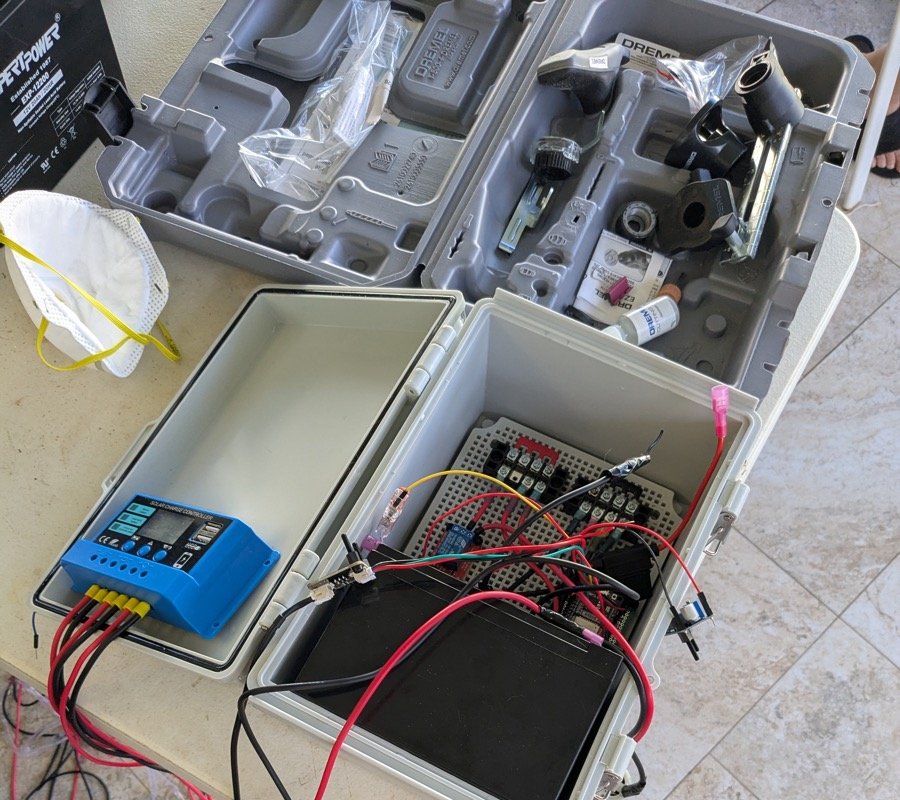 Weatherproof enclosure with charge controller and battery