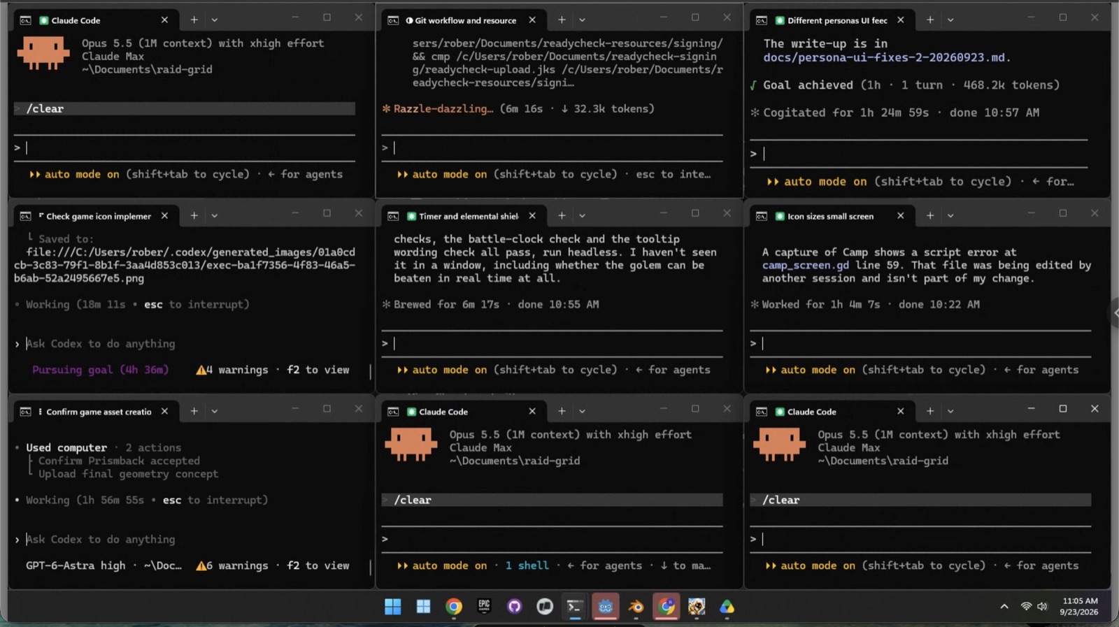 Nine Claude and Codex terminals tiled in a 3 by 3 grid on Windows